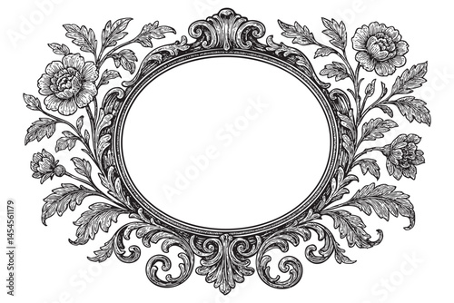 Vintage oval Baroque Victorian frame border flower engraving woodcut illustration