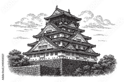 Osaka Castle engraving woodcut illustration