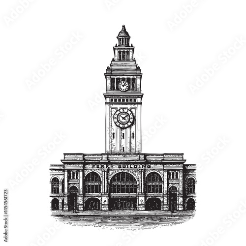 Ferry Building San Francisco USA engraving woodcut illustration
