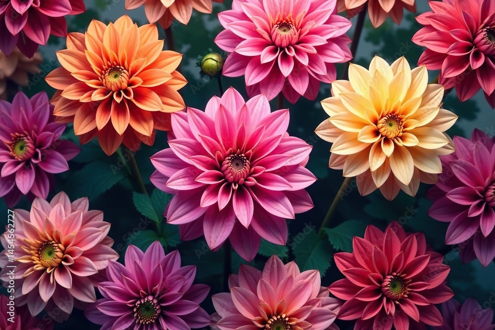 Intricate dahlia blooms, vibrant hues, repeating pattern , textile, bright, crimson Intricate dahlia blooms, vibrant hues, repeating pattern , textile, bright, crimson