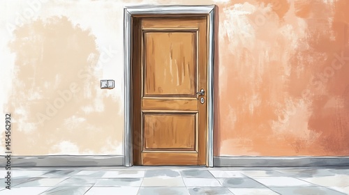 Elegant Interior Sketch: Wooden Door on Textured Walls with Tile Flooring