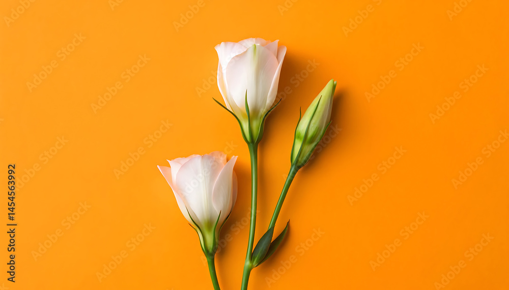 Fototapeta premium Elegant Delicate White Orchid Flowers Gracefully Arranged on Vibrant Orange Background