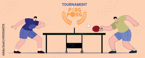 Banner tournament table tennis, vector design racket sport. Poster two people playing ping pong, competition of professionals, friendly game, laurel wreath