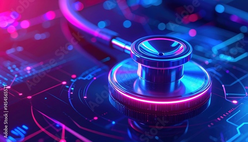 Digital Healthcare: A high-tech stethoscope rests on an illuminated circuit board, creating a visual metaphor for the intersection of medicine and technology, a futuristic representation.