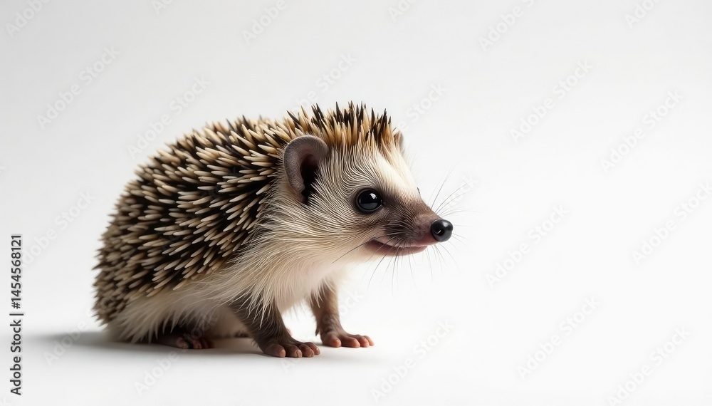 Naklejka premium Close-up of a lone hedgehog on pure white, highlighting its texture and details , macro photography, mammal