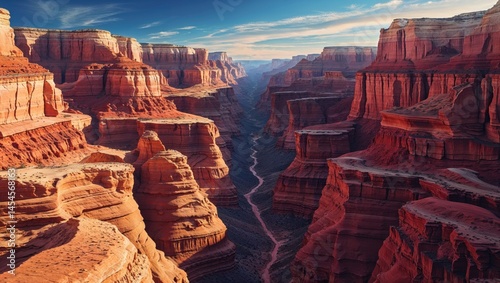 Majestic red rock canyon landscape bathed in the warm glow of the setting sun. A breathtaking view of nature's grandeur.