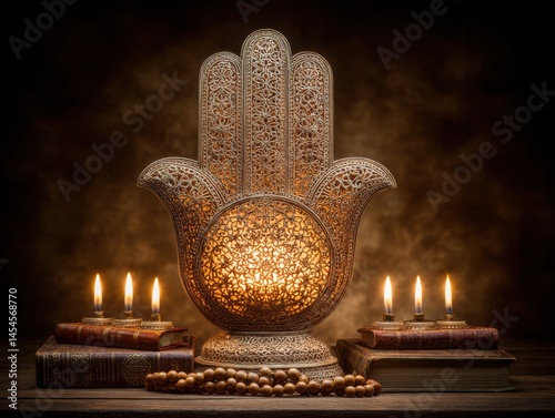Ornate Hamsa hand lamp surrounded by books, beads, and candles, creating a warm, spiritual, and mystical ambiance.