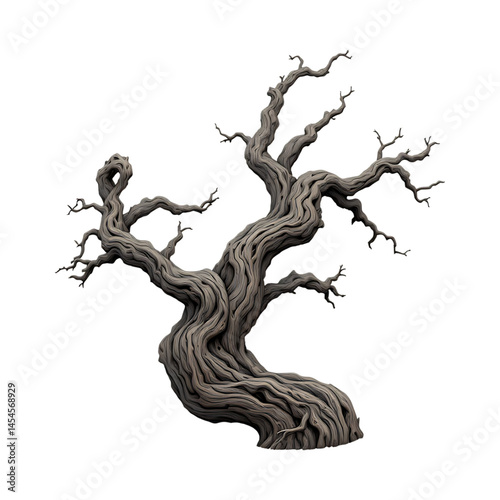 Twisted dead tree, gnarled branches, isolated on white background.