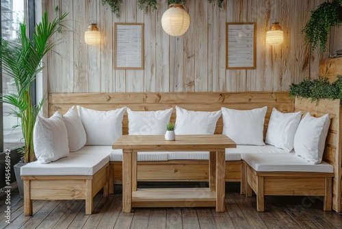 Cozy wooden furniture with pillows on white background on transparent background