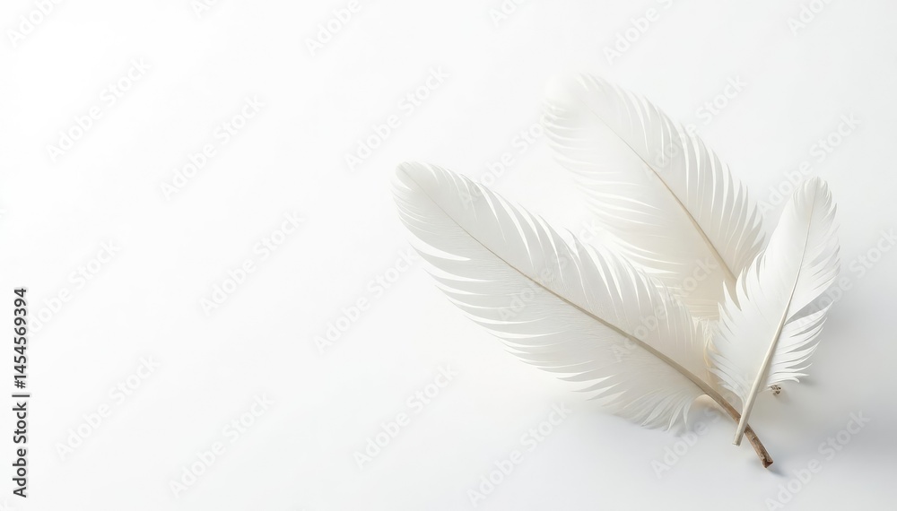 Naklejka premium Crisp white feathers against stark white background , style, wallpaper, white background