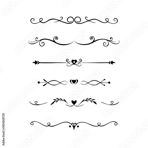 Dividers doodle set. Wedding decorative elements. Hand drawn vector illustration isolated on white background. Text dividers doodle set. Wedding decorative elements. 