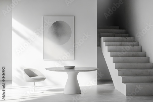 Minimalist room with stairs and art on white background on transparent background