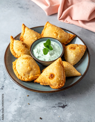 A Saudi plate of freshly made sambusak pastries alongside a dipping mint yogurt sauce. photo