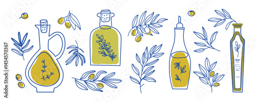 Set of isolated olive themed icons in green tones. Collection of vector illustrations featuring olive oil, leaves, branches, and decorative elements related to natural olive products