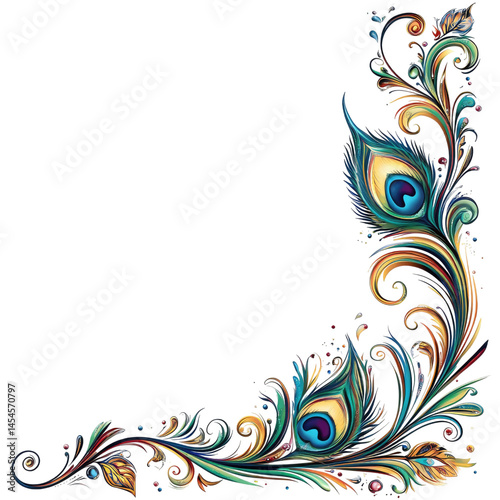 Intricate bird feather corner design on transparent background features vibrant colors like blue gold and teal. Detailed floral elements and decorative swirls create an elegant aesthetic.