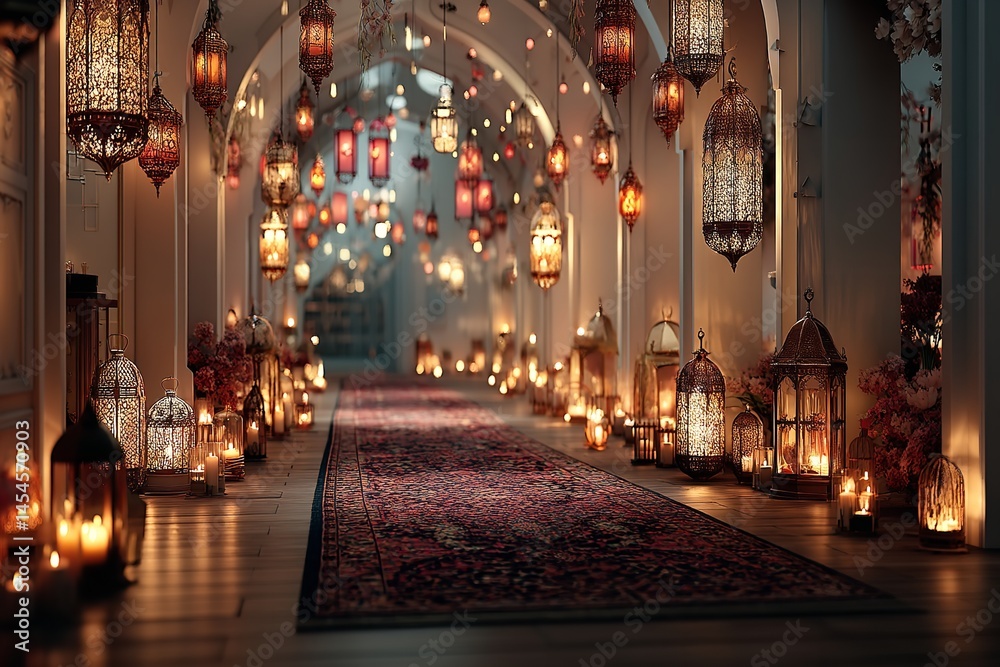 Fototapeta premium Background of a Pathway with Hanging Lanterns for Eid al Adha, Ramadan Kareem, Eid al Fitr, and the Islamic New Year. Generative Ai