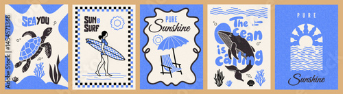 Abstract summer poster or card in doodle style with hand drawn surfer girl with surfboard, whale, sea turtle, sunset in the sea, beach chair and umbrella. Trendy summer design for branding, ads, print