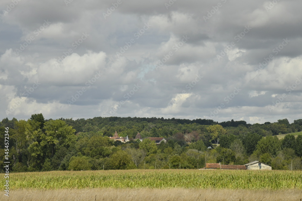 Fototapeta premium Contraste entre le gris des nuages et le vert de la colline boisée près du bourg de Champagne au Périgord Vert 