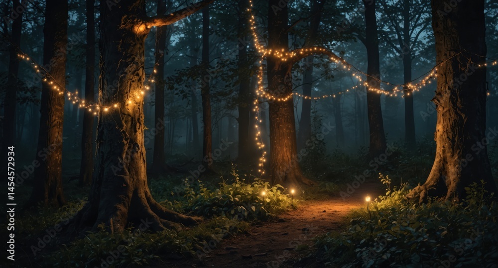 Fototapeta premium Enchanted forest path illuminated with glowing string lights, creating a magical and inviting ambiance.