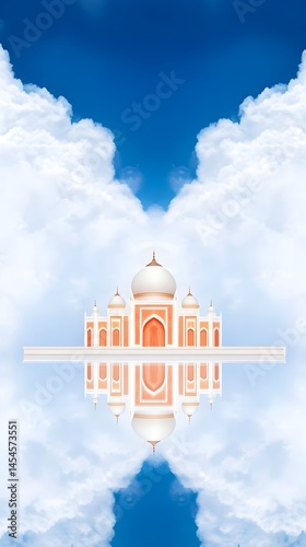 A majestic palace reflected in a tranquil pool, set against a vibrant sky and fluffy clouds
