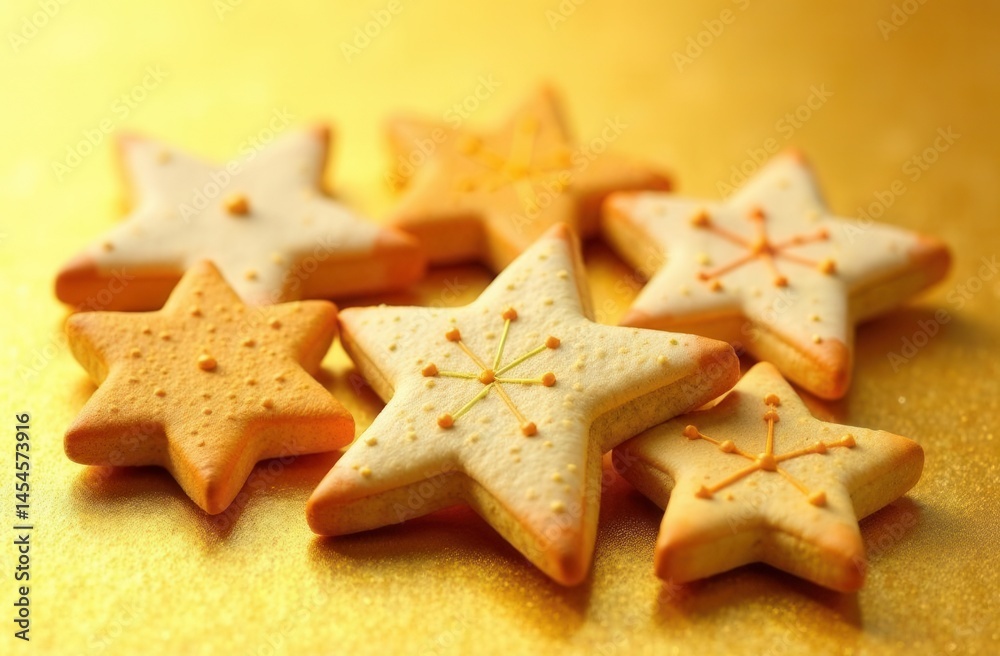 Golden star-shaped cookies on yellow background with orange accents Golden star-shaped cookies on yellow background with orange accents