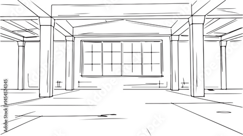 Minimalist vector sketch of an open interior space with columns and a large window, ideal for architecture or industrial design themes