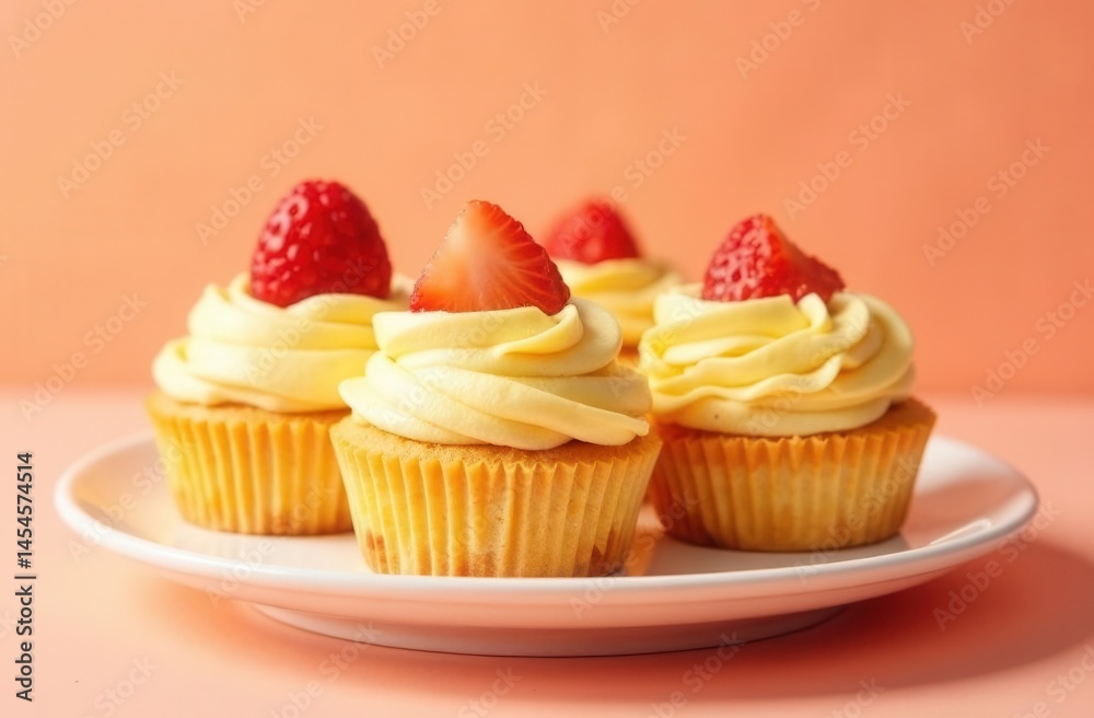 Delicious strawberry cupcakes with creamy frosting on plate Delicious strawberry cupcakes with creamy frosting on plate