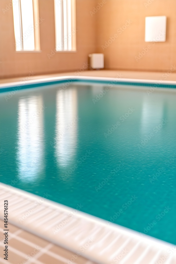 Obraz premium Calm teal indoor pool with bright window reflections