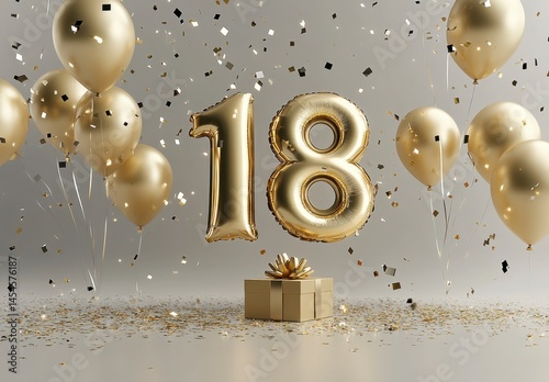Elegant 18th Birthday Celebration with Golden Balloons and Confetti