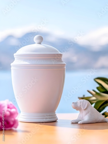 Elegant white urn with lid sits on wood, beside a small white dog figurine and pink flower, with a serene seascape background