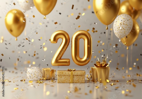 Golden Birthday Celebration with Balloons, Gifts, and Confetti