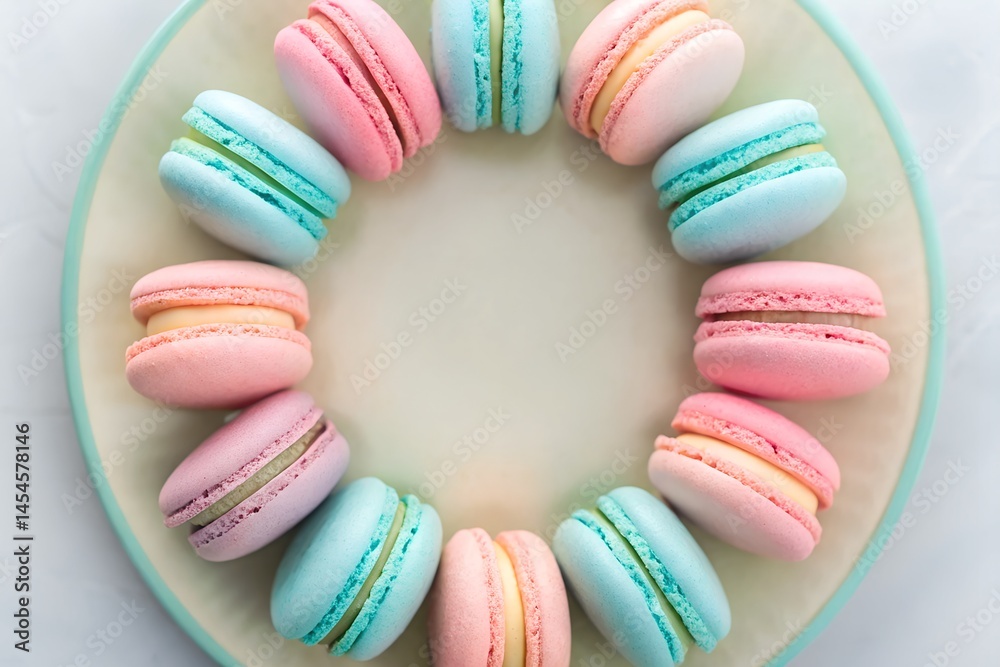 Fototapeta premium Colorful Macarons Arranged in a Circle on Plate