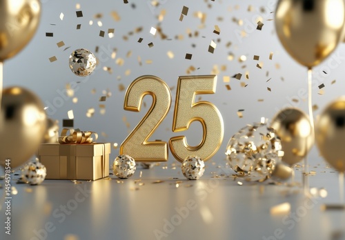 Golden 25th Birthday Celebration with Balloons and Confetti