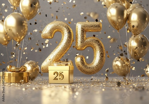 Golden Glittering 25th Birthday Celebration with Balloons and Confetti