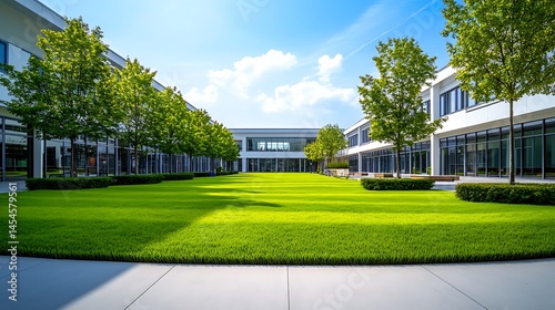 Modern office complex with lush green landscaping.