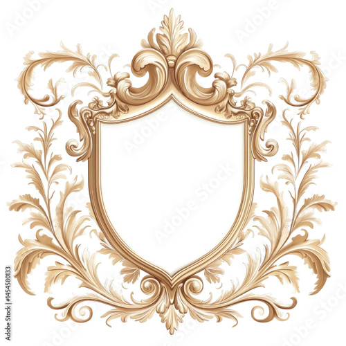 Ornate golden frame with intricate scrollwork and a blank shield shape on a transparent background. The design features detailed leaves and floral elements around the edges.