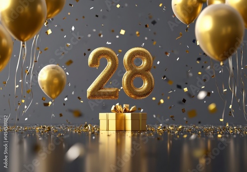 Golden 28th Birthday Celebration with Balloons and Confetti