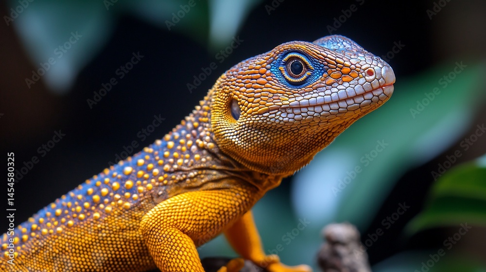 Fototapeta premium Close-up of a vibrant lizard with orange and blue scales