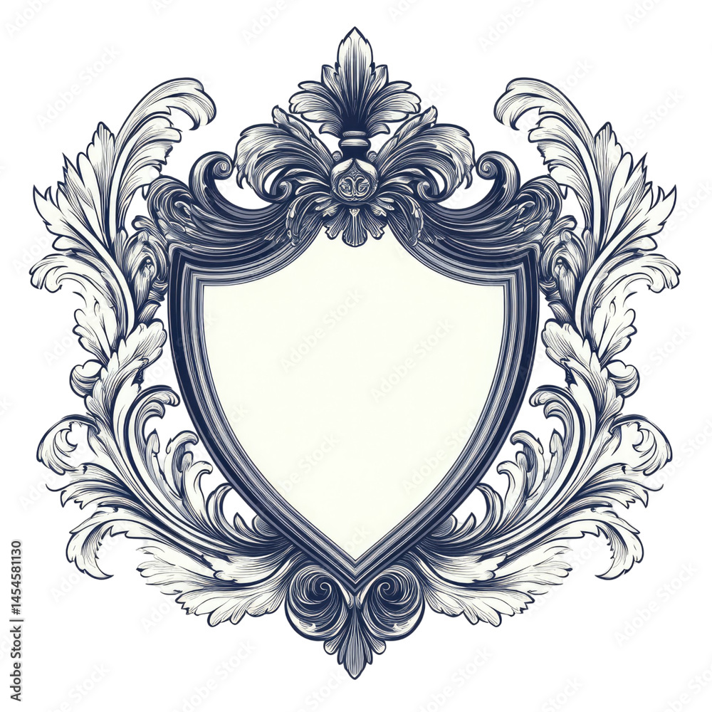 custom made wallpaper toronto digitalOrnate heraldic shield with intricate floral and foliate embellishments in navy blue and white, set against a transparent background. Baroque design element.