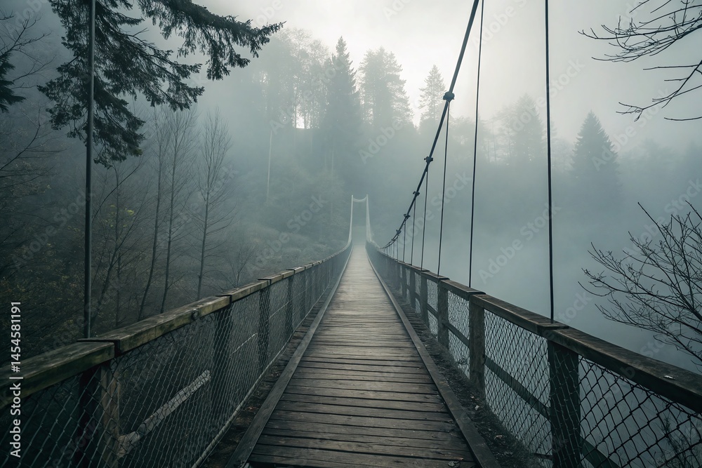 Obraz premium Misty Forest Suspension Bridge Surrounded by Fog and Trees Inviting Adventure and Exploration