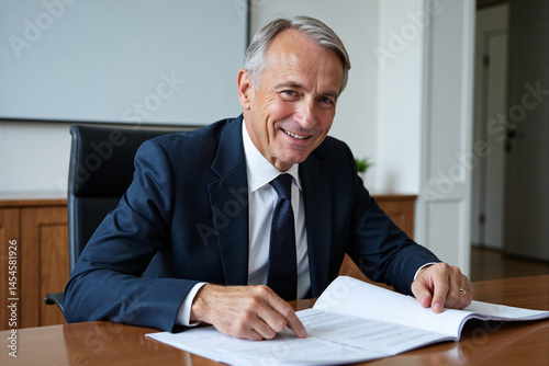 Experienced senior Caucasian businessman wearing glasses smiles warmly and kindly while reviewing documents or a book at his desk, projecting knowledge, friendliness, and professionalism photo