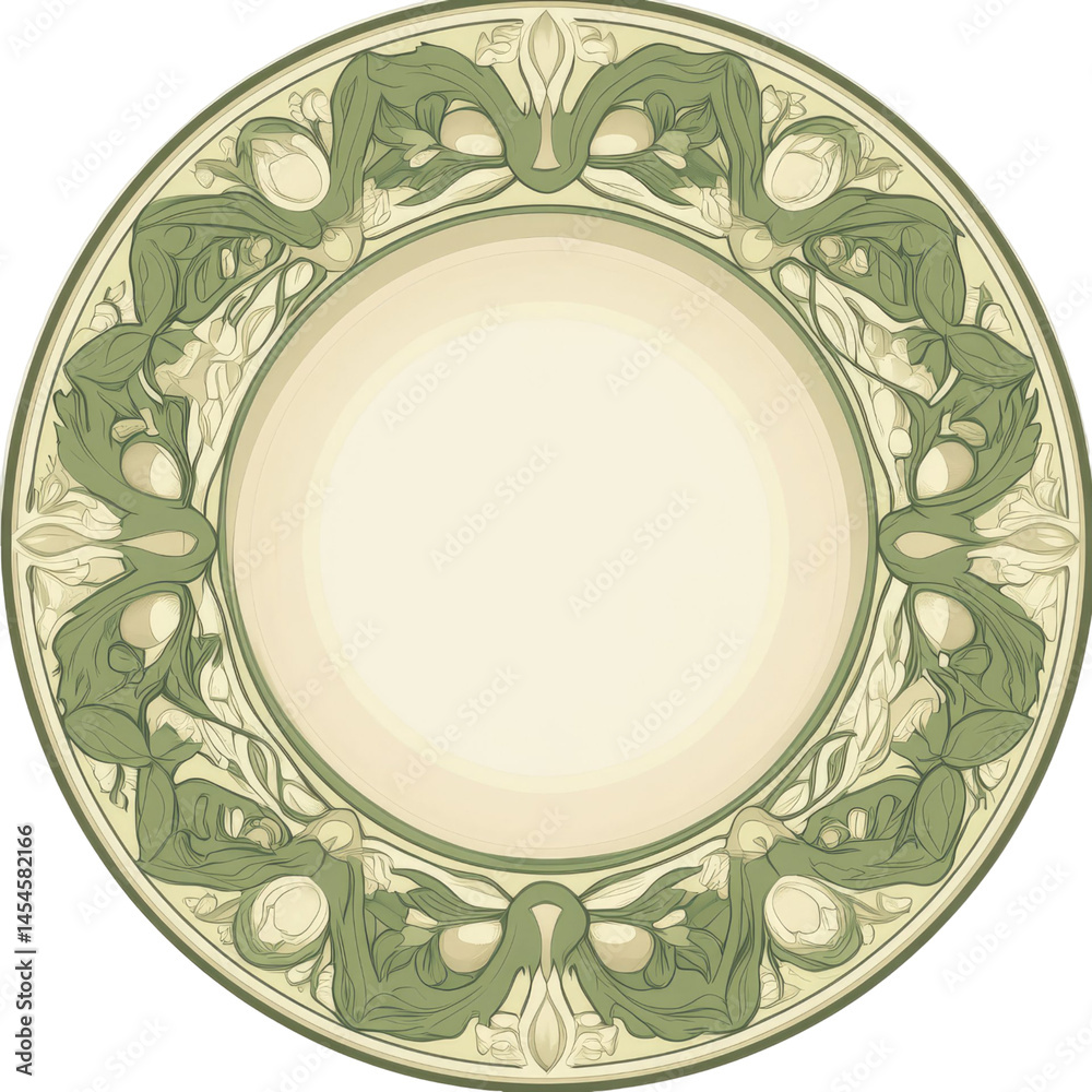 custom made wallpaper toronto digitalCircular ornate design featuring symmetrical botanical and figurative elements in shades of green and cream. Isolated on a transparent background suitable for various design applications.