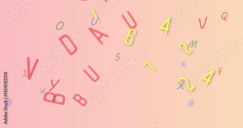 Floating red uppercase and yellow digits green and blue lowercase letters on gradient canvas