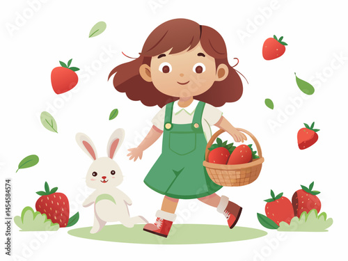 Happy Little Girl Walking with a Bunny and Basket of Strawberries