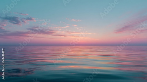 Minimalist ocean reflects a glassy pastel sky