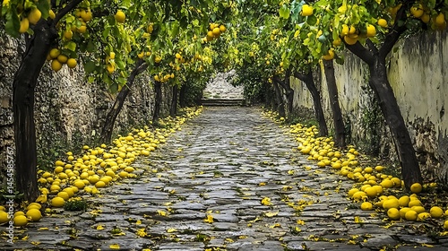 Serene lemon grove pathway with fallen fruit, surrounded by lush greenery and stone walls