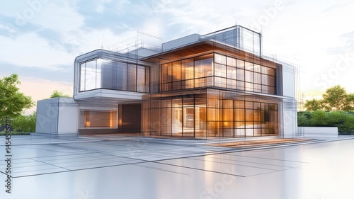 Modern architectural design concept showcasing a sleek glass house in a serene outdoor environment during sunset