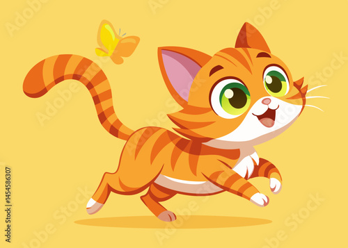 Playful Orange Tabby Kitten Chasing Butterfly Cartoon Illustration