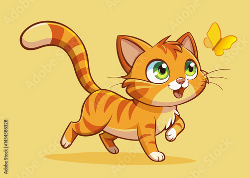 Playful Orange Tabby Kitten Chasing Yellow Butterfly