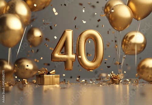 Golden 40th Birthday Celebration with Balloons and Gift Decorations
